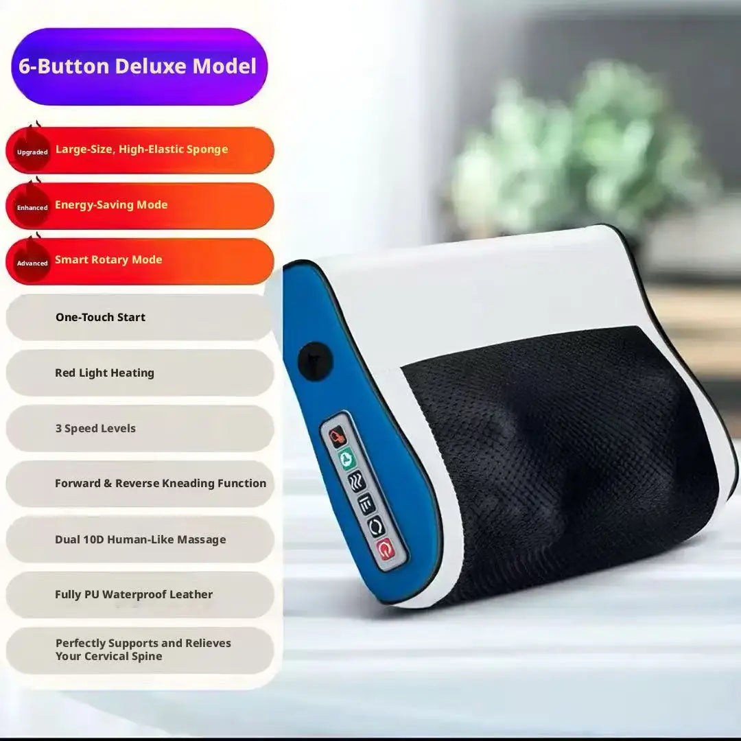 Full Body Kneading Massage Pillow Electric Cervical Massager Home Relax Neck Waist Back Muscle Soreness Relief Comfort Care Peaceful Pleasures Health and Wellness White 6 Buttons