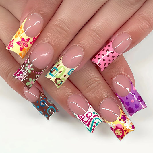 24pcs Press On Nails French Style False Nails With Red-purple Polka Dot And 3D Colorful Flowers Resin Artificial Fingernails Art Peaceful Pleasures Health and Wellness Y1