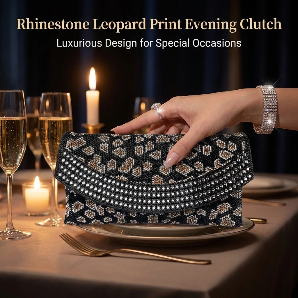Leopard Print Clutch Bag for Women with Rhinestone Decoration Evening Crossbody Shoulder Bag for Wedding Party and Formal Events Peaceful Pleasures Health and Wellness
