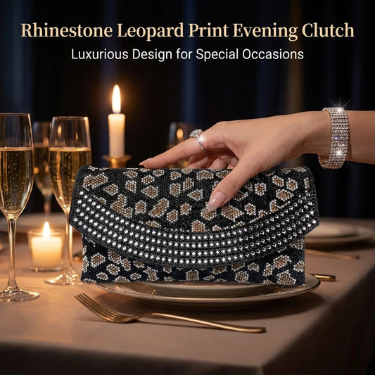 Leopard Print Clutch Bag for Women with Rhinestone Decoration Evening Crossbody Shoulder Bag for Wedding Party and Formal Events Peaceful Pleasures Health and Wellness