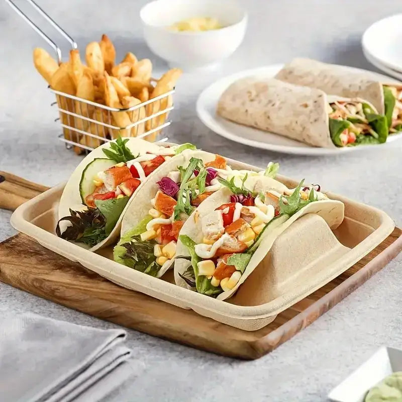 20-Pack Disposable 3-Compartment Taco Plates | Eco Tray Holder
