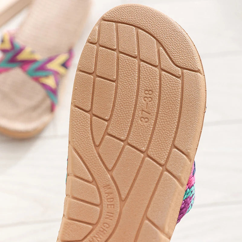 Women's Crossed Linen Flat Slippers – Indoor Beach Sandals