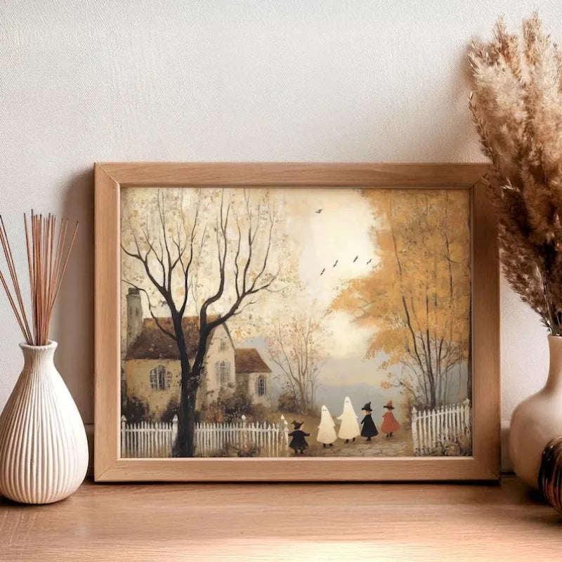 Halloween Ghost Town Canvas Wall Art | Whimsical Fall Print
