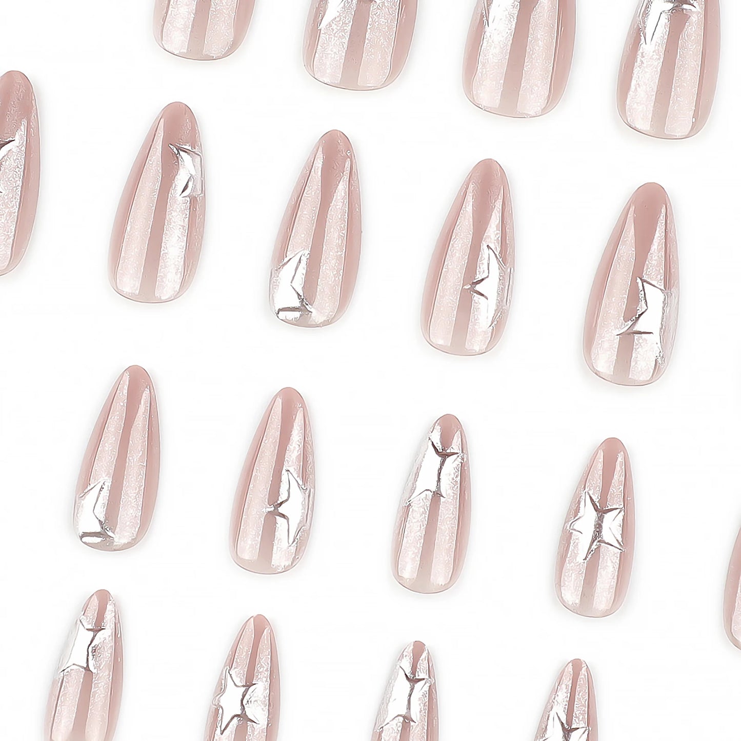 24pcs Y2K 3D Silver Star Press On Nails | Cat Eye Almond Glitter