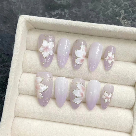 Purple Flower Almond Press On Nails | Japanese Style 10pcs Press On Nails Peaceful Pleasures Health and Wellness