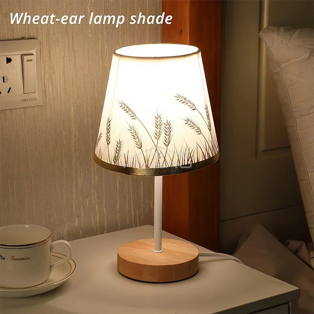 Nordic LED Desk Lamp – Wooden Base & Fabric Shade | USB Night Light