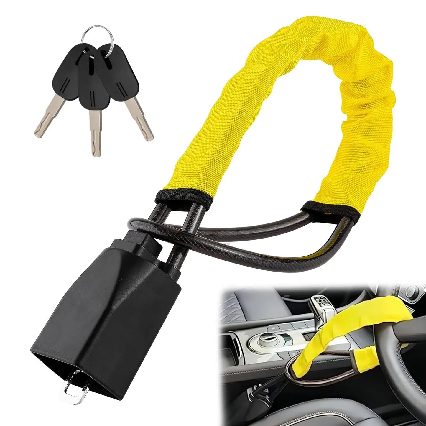 Universal Anti-theft Device Car Steering Wheel Lock Safety Belt Buckle Lock Steel Cable Lock Steel Wire Rope Lock Car Security Peaceful Pleasures Health and Wellness Yellow