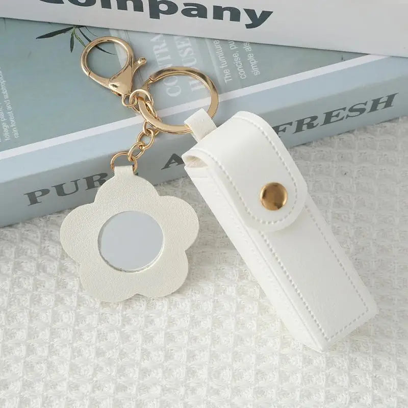 PU Leather Lipstick Holder Keychain with Flower Mirror