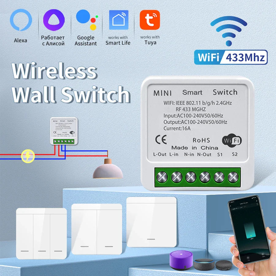 Tuya WiFi RF433MHz Smart Wall Switch 1/2/3 Gang | Alexa Google
