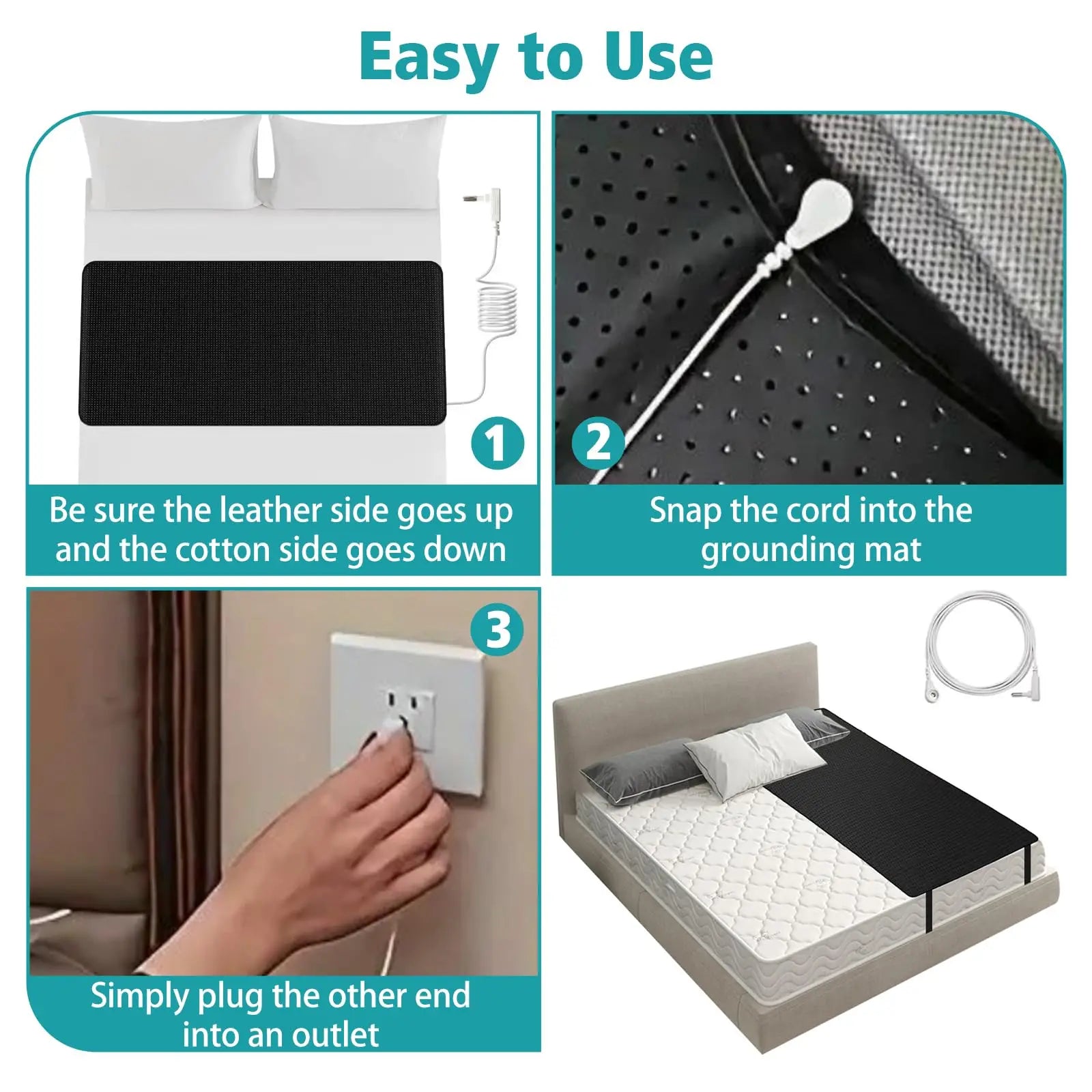 Grounding Bed Mat PU Leather with grounding Cord for Sleep Improve Stress Pain Relief Foot Health Mat Pad for Bed Floor Peaceful Pleasures Health and Wellness