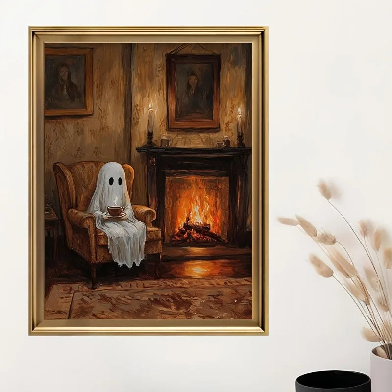 Spooky Ghost Tea Time Halloween Canvas Wall Art | Unframed Halloween Canvas Print Peaceful Pleasures Health and Wellness