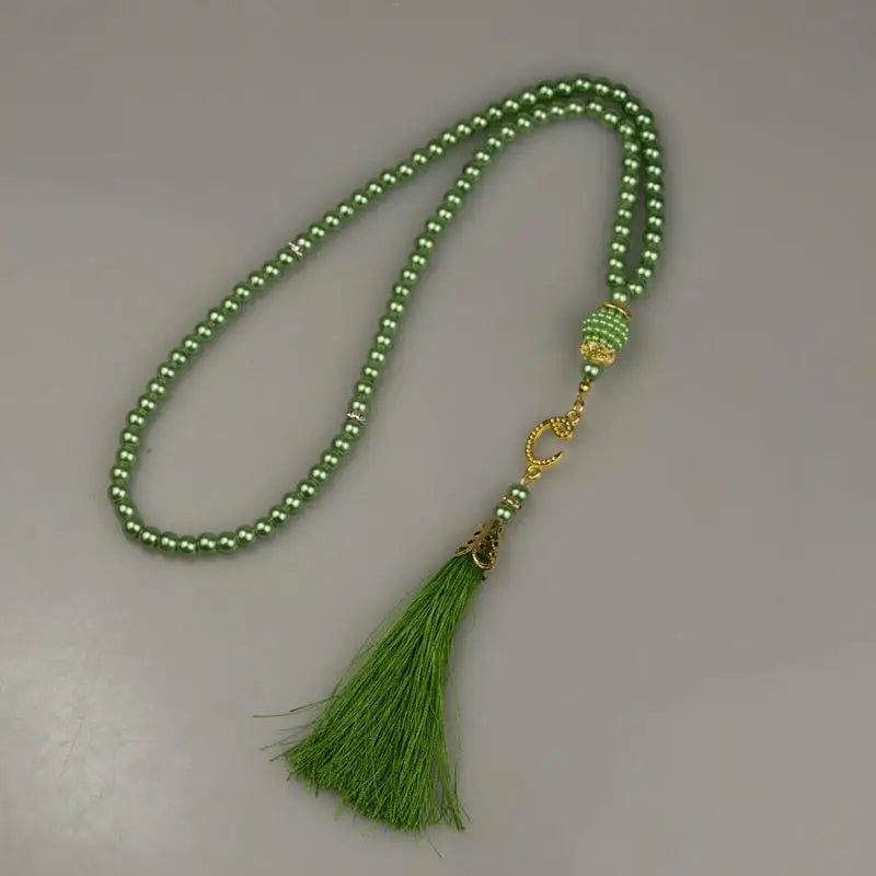 Islamic Prayer Beads 99Pcs 6MM Glass Pearls Rosary Necklace with Tassel for Muslim Spiritual Practice and Gifts Peaceful Pleasures Health and Wellness Green