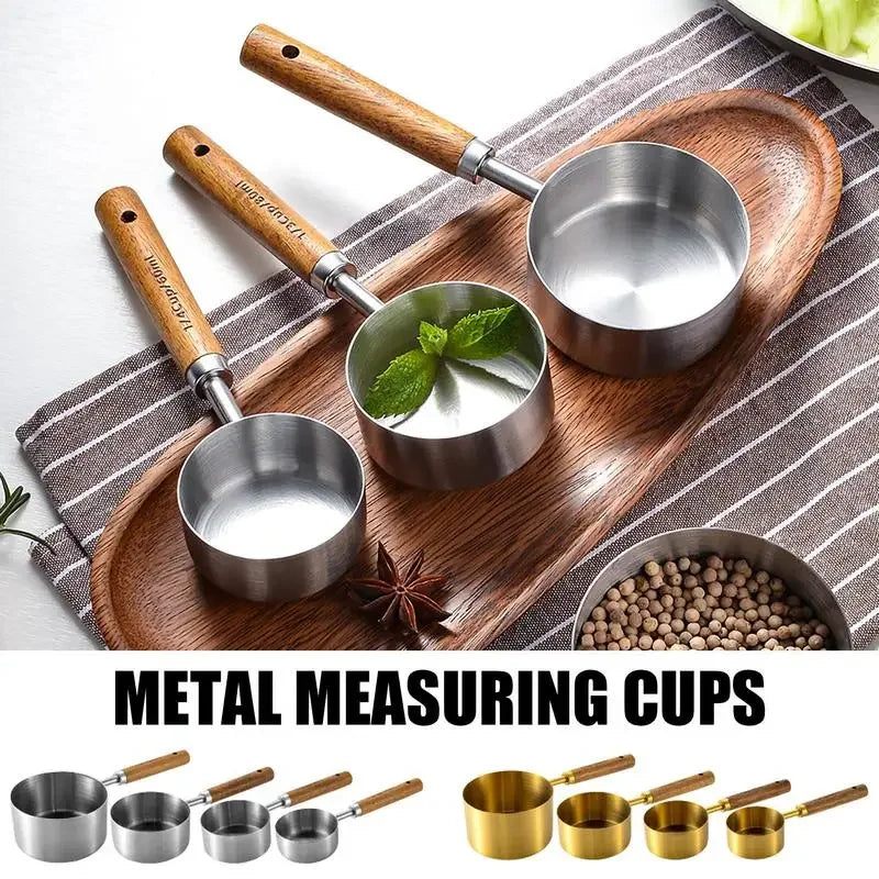 4-Piece Stainless Steel Measuring Cup Set with Walnut Wooden Handles | Gold, Rose Gold & Silver