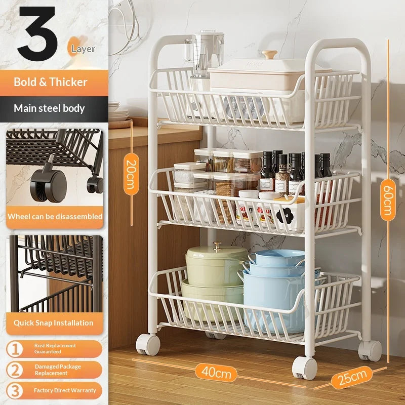Sturdy Heavy Duty Space Saving Multilayer Kitchen Vegetable Fruit Storage Rack Rolling Cart with Baskets for Home Pantry Peaceful Pleasures Health and Wellness White 3 Layer