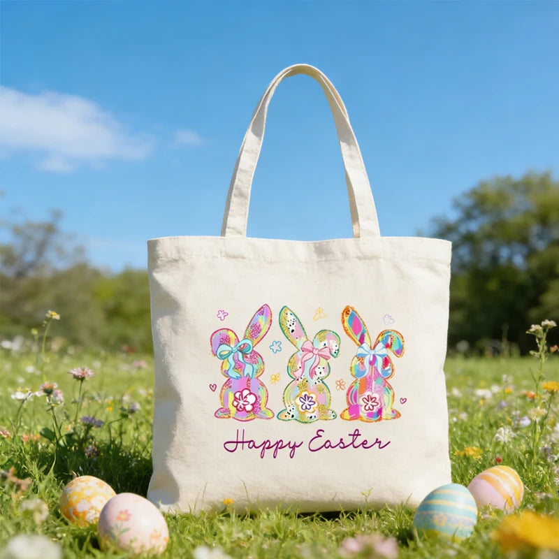 Colorful Easter Bunny Canvas Tote Bag | Reusable Gift Bag Canvas Tote Bag Peaceful Pleasures Health and Wellness