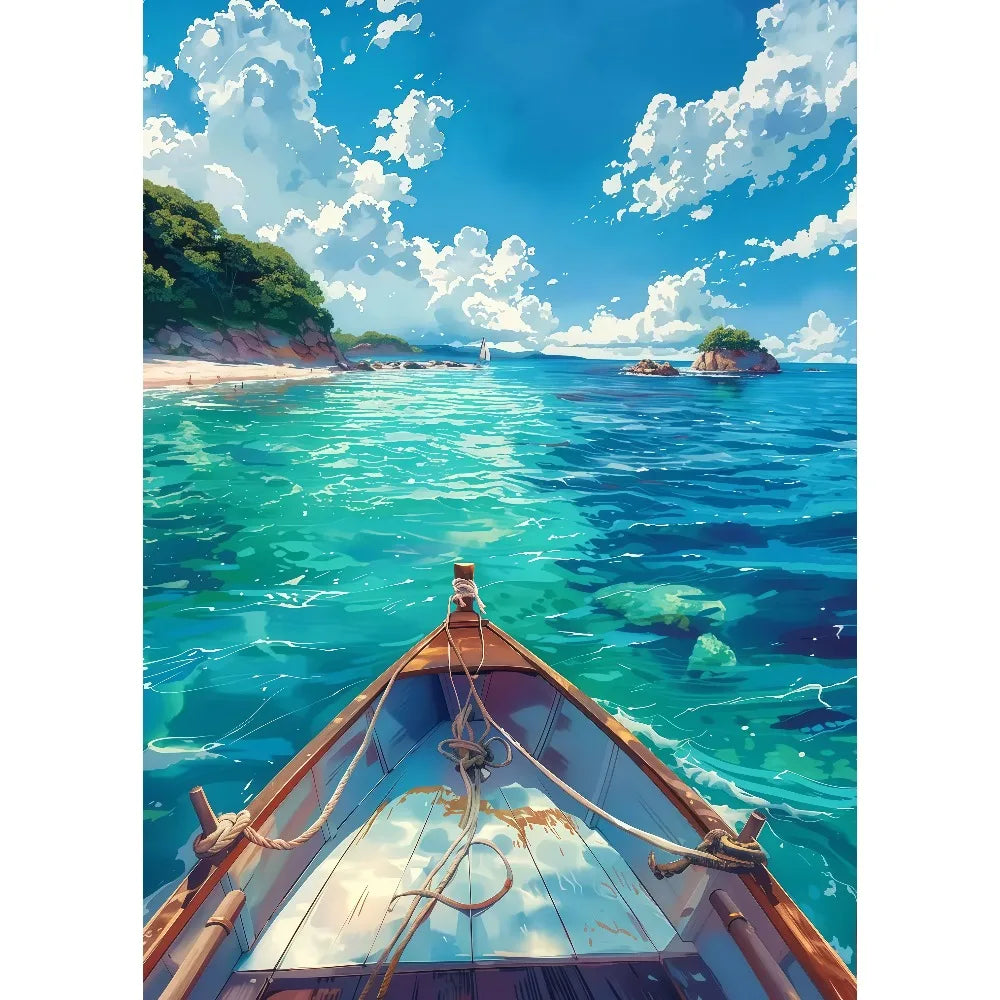 Anime Summer Landscape Canvas Wall Art | Beach Forest Cabin