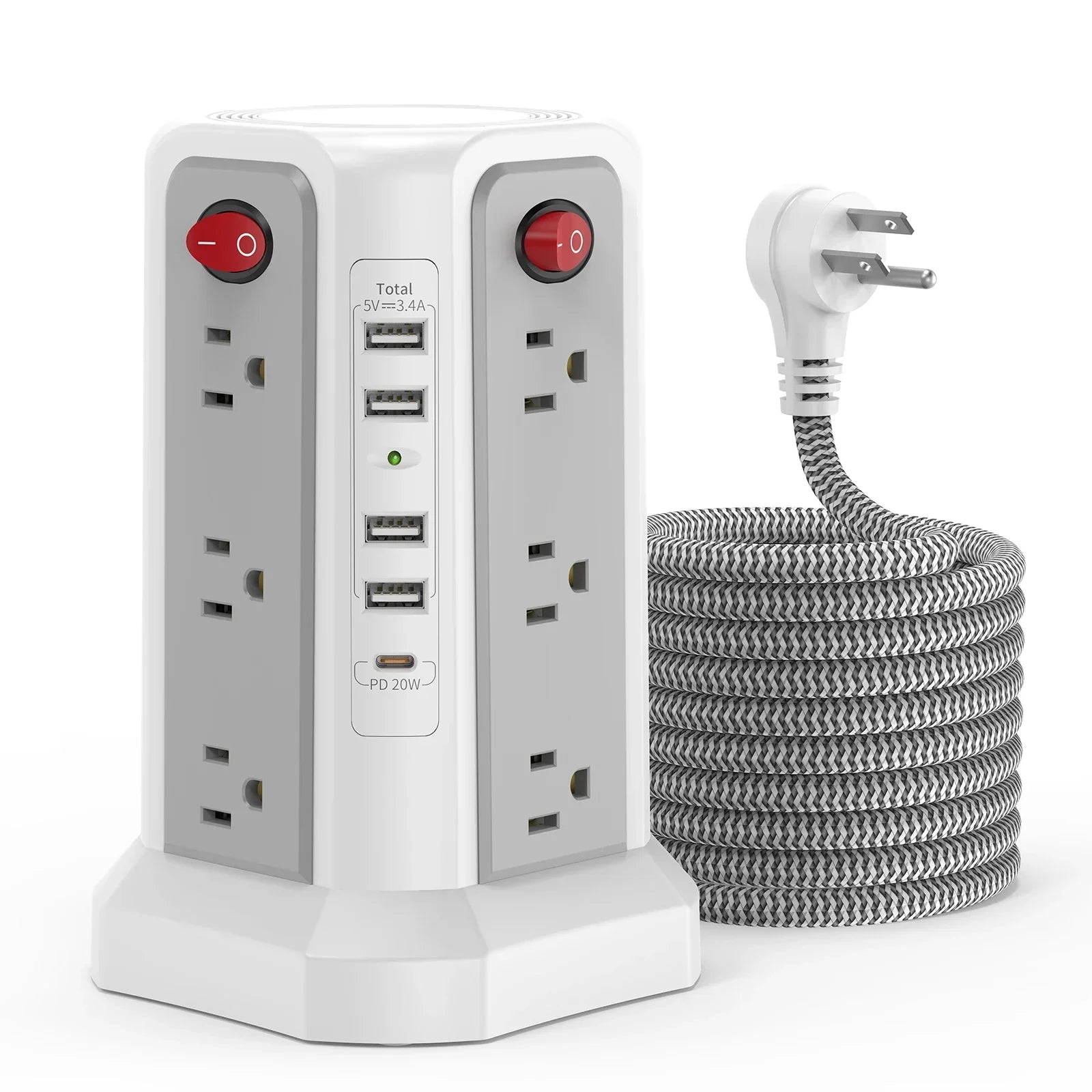 American tower type 1.8m braided extension cord plug-in board with PD20W fast charging port, a must-have for home and office Peaceful Pleasures Health and Wellness DARK GRAY 12 110-250V|United States