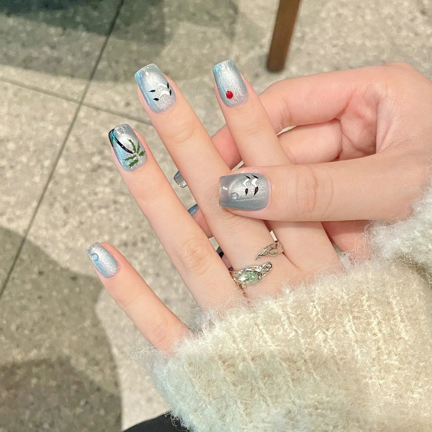 Handmade Press-On Nails Blue Coconut Tree Cat Eye Design