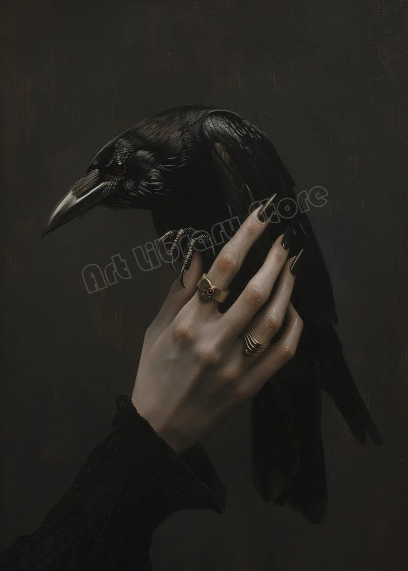 Dark Moody Victorian Witch Canvas Wall Art | Raven Skull Print