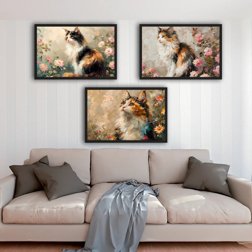 Vintage Animal Wall Art, Flower Cat Oil Canvas Painting, Nordic Poster Print for Bedroom Living Room Wall Decor Peaceful Pleasures Health and Wellness