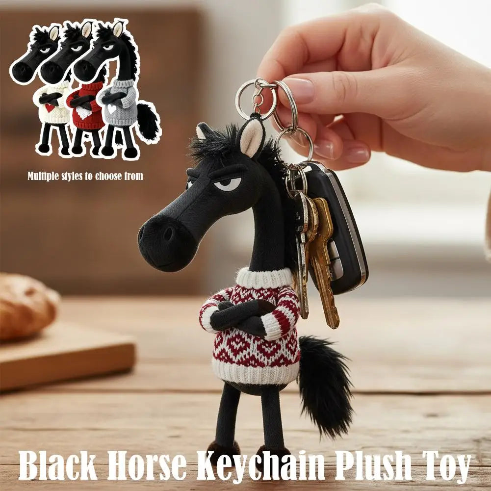Cool Black Horse Plush Toy Wearing Sweater 2026 Mascot Key Chain