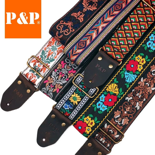 PP Guitar Strap S85 Series Ethnic Jacquard Embroidery Leather Brown Peaceful Pleasures Health and Wellness
