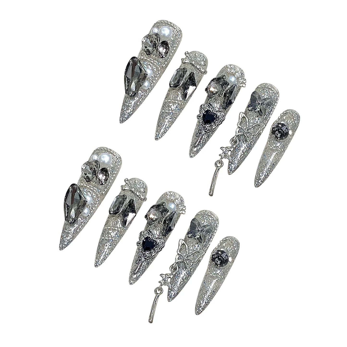 Rhinestone Glitter Press-On Nails – Long Pointed Bridal Set