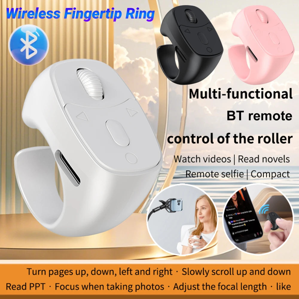 Bluetooth 5.3 Fingertip Ring Remote – Page Turner & Selfie