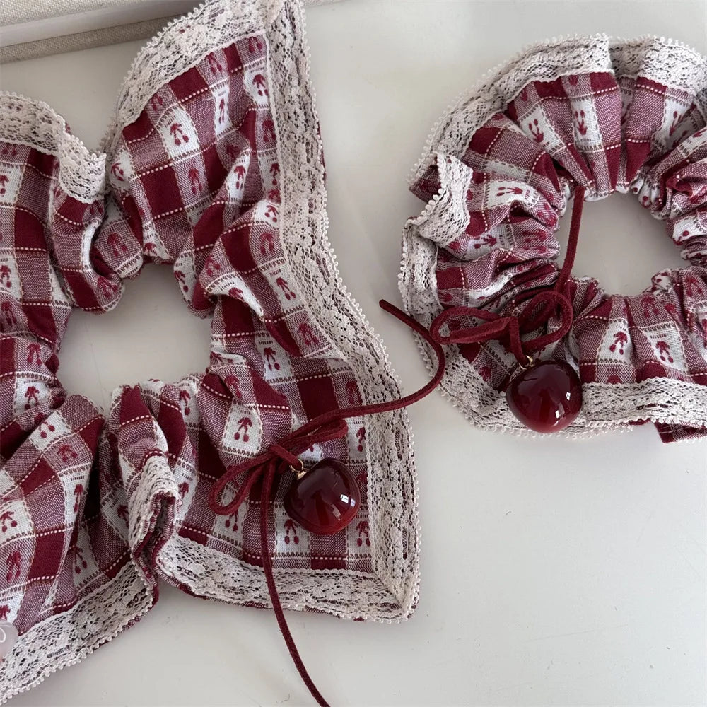 New Red Plaid Cherry Scrunchie Korean Windmill Hair Ring Cute Cherry Square Scarf Design Sweet Hair Accessories for Daily Outfit Peaceful Pleasures Health and Wellness