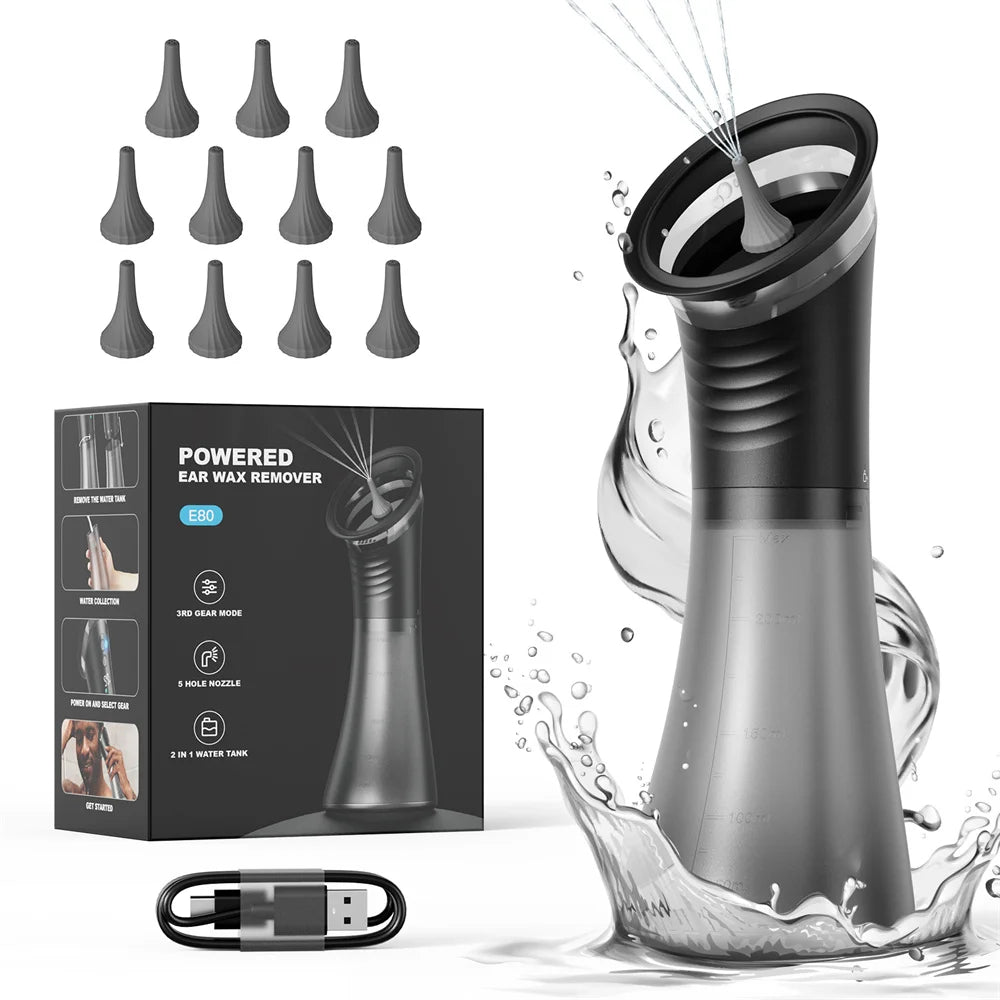 Electric Ear Wax Removal System Water Powered Ear Cleaning Tool with Irrigation Flusher 3 Pressure Settings Safe & Effective Peaceful Pleasures Health and Wellness Black