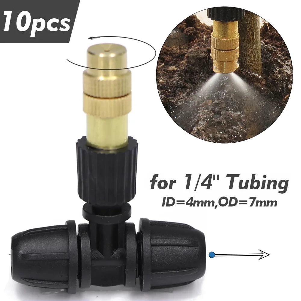 1/4'' 3/8'' 1/2'' Tubing Brass Misting Nozzles with Tee Connector Snap-On Quick Joint Outdoor Garden Irrigation Atomizer Sprayer Peaceful Pleasures Health and Wellness A-10pcs