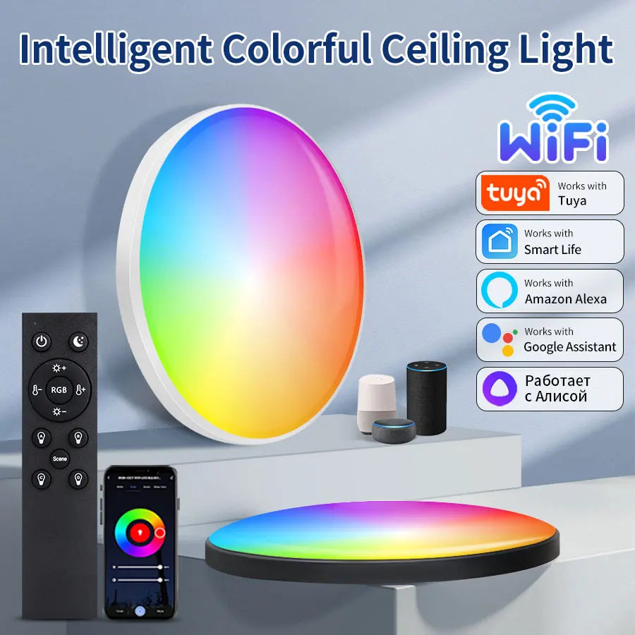 220V Tuya WiFi Smart Ceiling Light with RF 2.4G Remote Smart Life APP Alexa Google Home Voice Control 24W Round LED Ceiling Lamp Peaceful Pleasures Health and Wellness