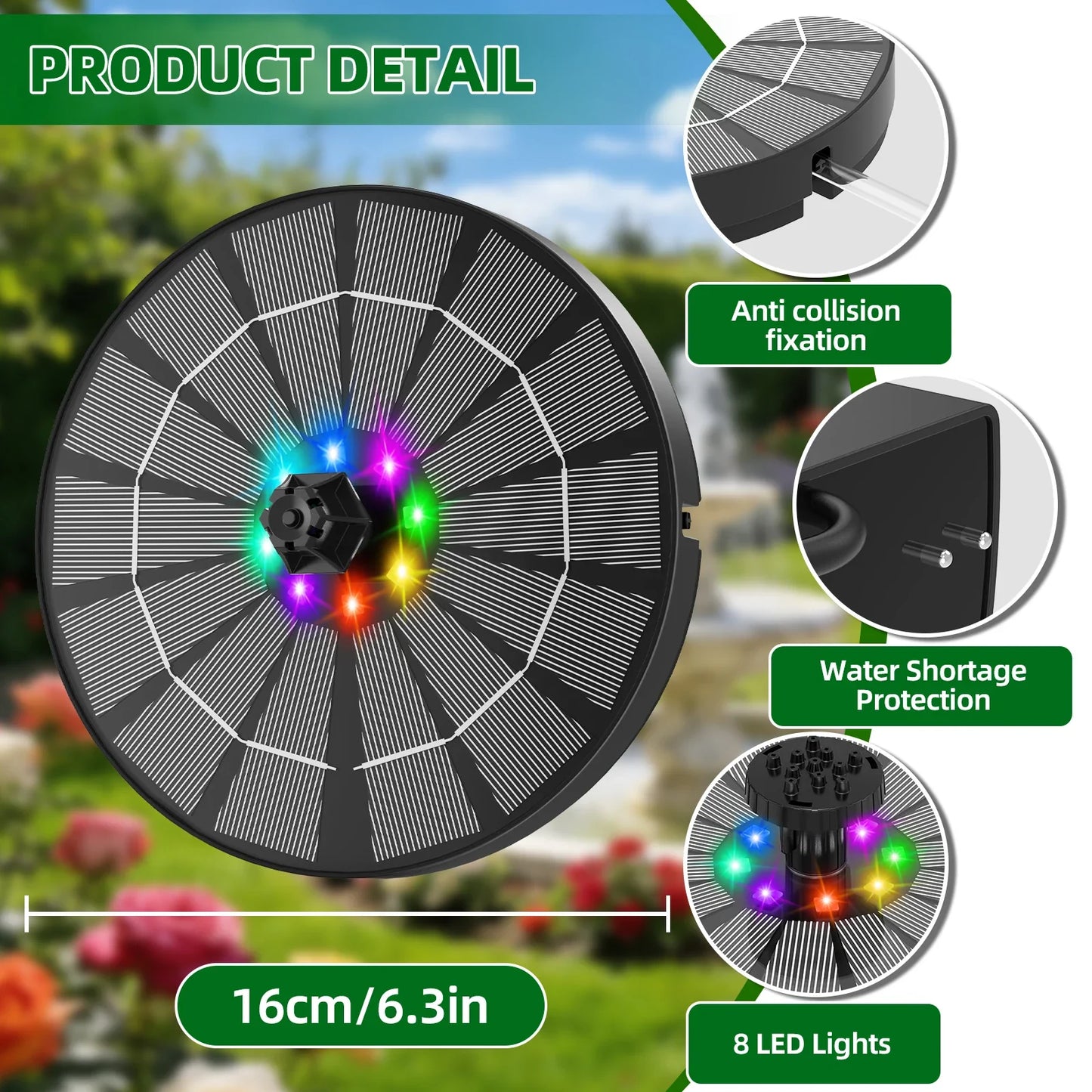 3.5W LED Solar Bird Bath Fountain Pump – 8 Nozzles & Battery