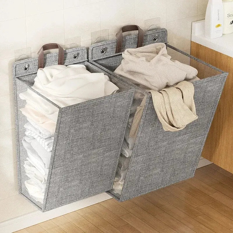 1pc Foldable Adhesive Laundry Basket Hamper, Multifunctional Punch Free Wall Hanging Washing Clothes Mesh Hook Organizer Peaceful Pleasures Health and Wellness
