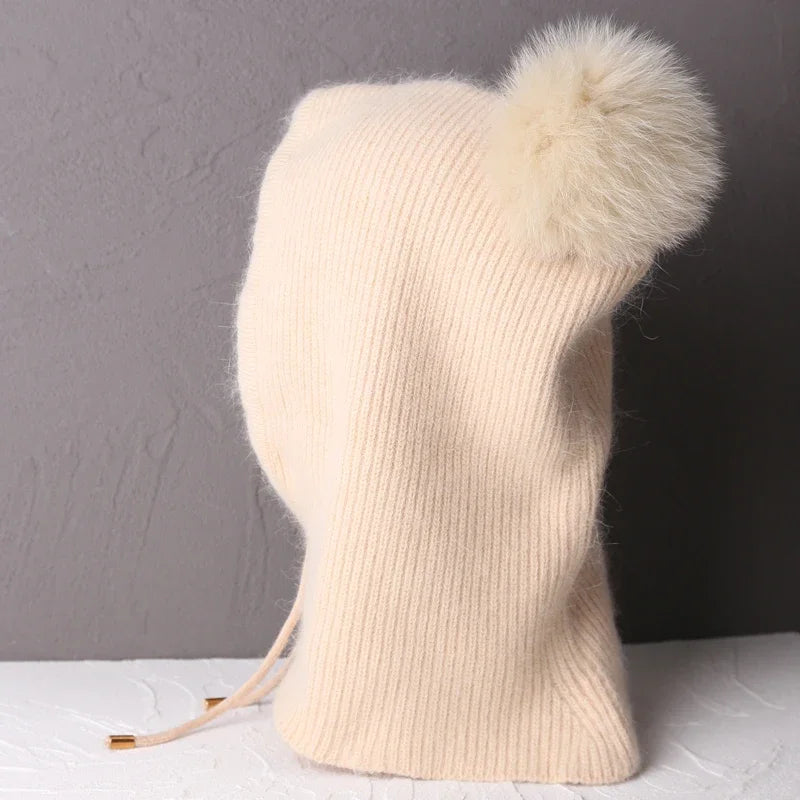 Women's Rabbit Fur Knitted Beanie Hood Hat | Winter Balaclava