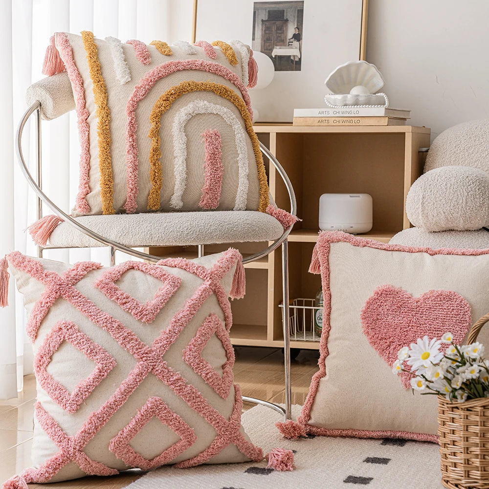Woven Tufted Decorative Pillow Cover with Tassel Pink Boho Linen Cotton Pillowcase for Bed Living Room Sofa Cushion Home Decor Peaceful Pleasures Health and Wellness