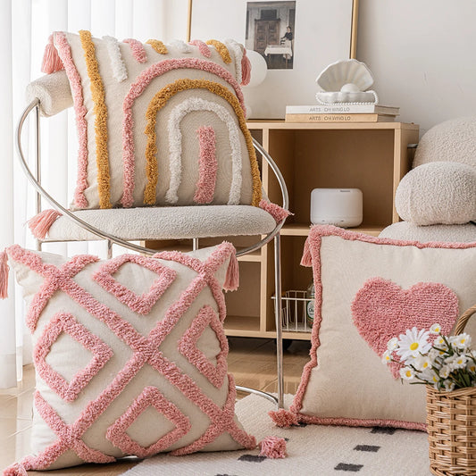 Woven Tufted Decorative Pillow Cover with Tassel Pink Boho Linen Cotton Pillowcase for Bed Living Room Sofa Cushion Home Decor Peaceful Pleasures Health and Wellness