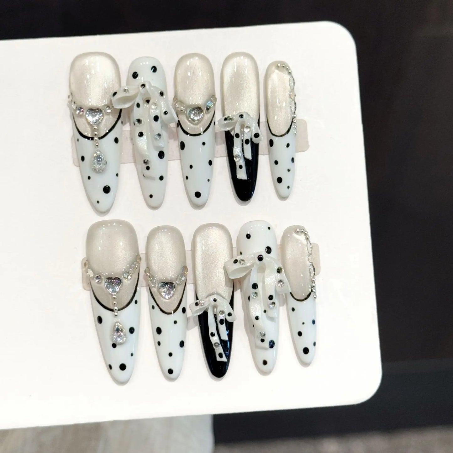 10pcs Handmade Press On Nails Ribbon Bow French False Nails Wearable Elegant Fake Nails Black White Polka Dot Design Long Almond Peaceful Pleasures Health and Wellness