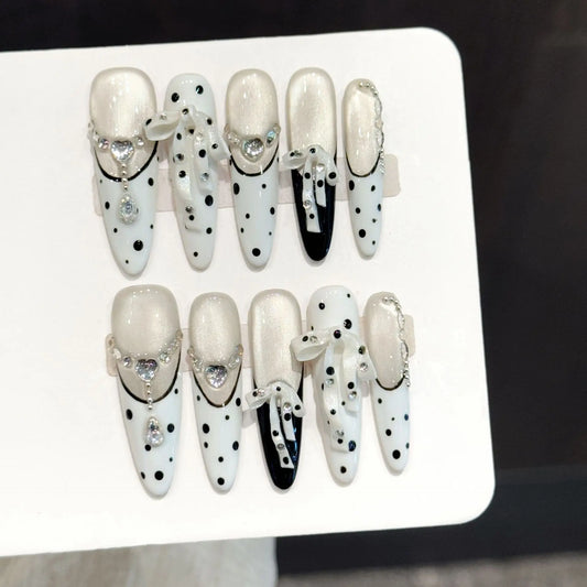 10pcs Handmade Press On Nails Ribbon Bow French False Nails Wearable Elegant Fake Nails Black White Polka Dot Design Long Almond Peaceful Pleasures Health and Wellness