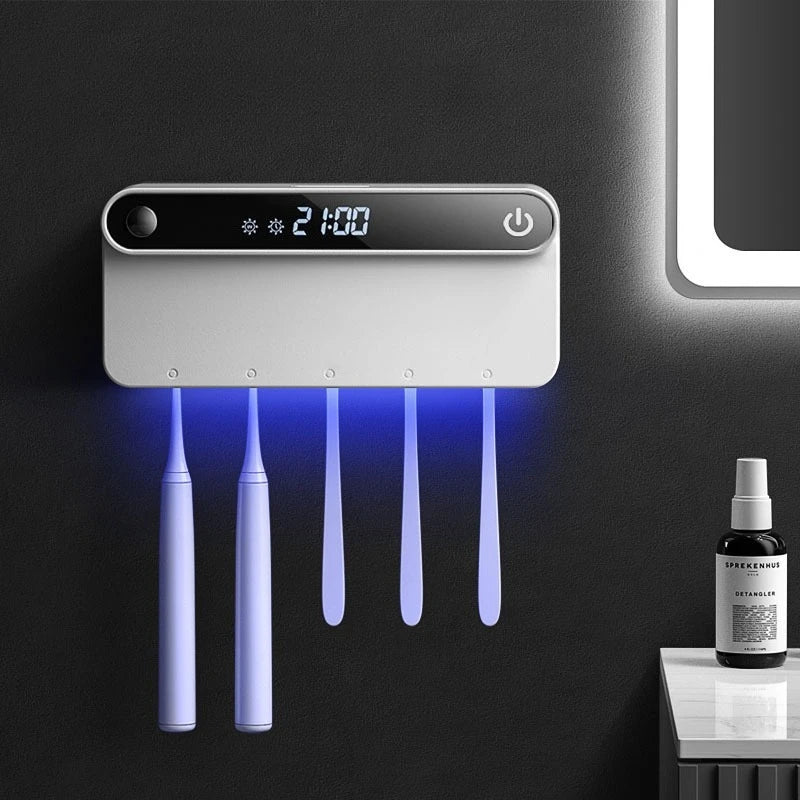 Smart UV Toothbrush Holder Sterilizer LED Timing Disinfection Toothpaste Squeezer Dispenser Bathroom Accessories Set Peaceful Pleasures Health and Wellness White