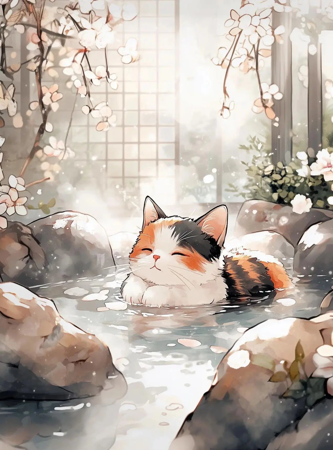 Japanese Cherry Blossom Cat Hot Spring Canvas Wall Art Print Canvas Wall Art Print Peaceful Pleasures Health and Wellness