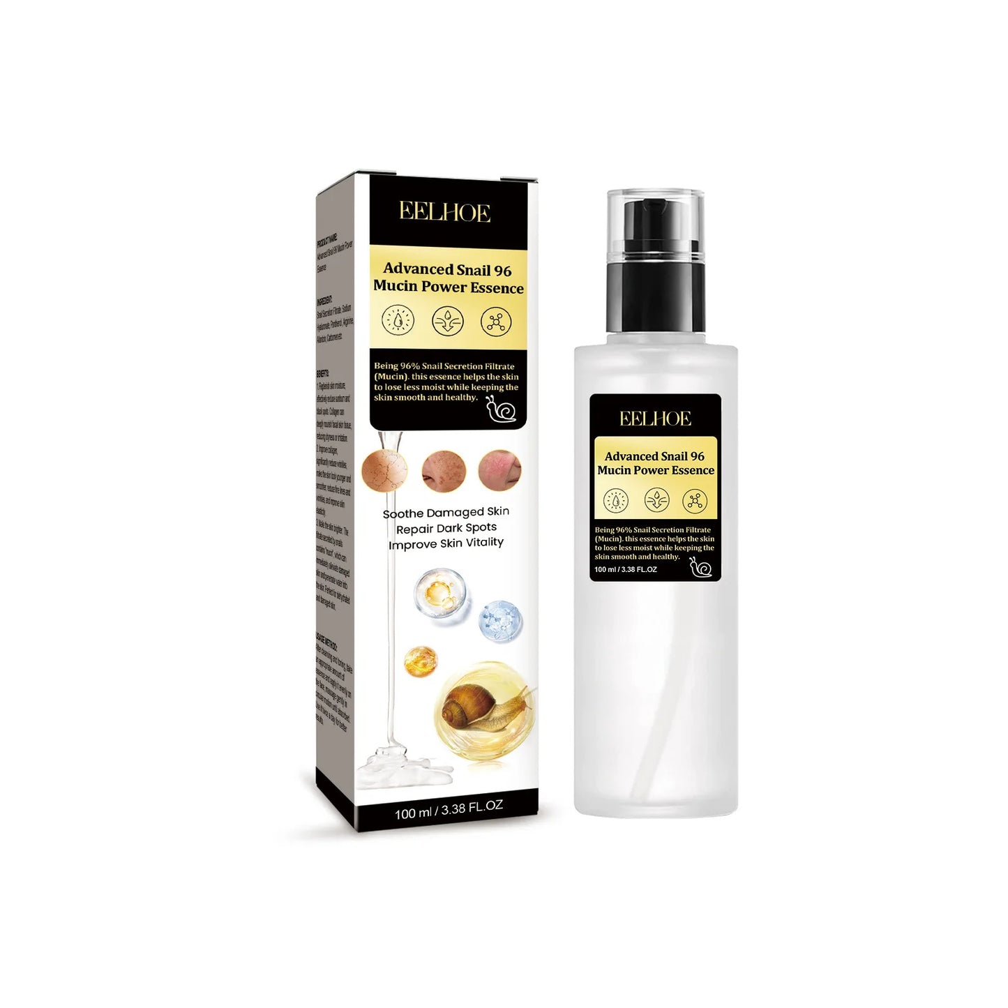 EELHOE Snail Serum Original Hyaluronic Acid Moisturizing Face Lifting Firm Skin Tightening Repair Skin Nourish Snail Slime Serum Peaceful Pleasures Health and Wellness 100ml Boxed