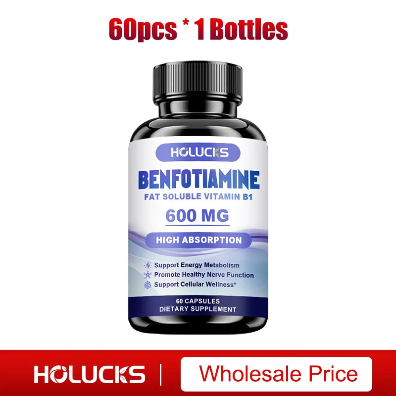 HOLUCKS Benfotiamine 600mg – Nerve & Energy Support Capsules Vitamin B1 Supplement Peaceful Pleasures Health and Wellness 1 Bottle-60pcs