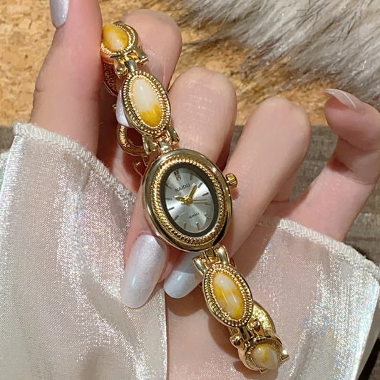 Fashionable Versatile Oval Natural Stone Women Quartz Watch High Quality Gold Quartz Watches Ladies Advanced Chain Wristwatches Peaceful Pleasures Health and Wellness