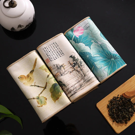 Chinese Painted Tea Towel | Super Absorbent Tea Set Cloth Tea Set Towel Peaceful Pleasures Health and Wellness