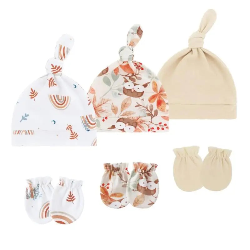 3-Set Cotton Newborn Baby Hats & Scratch-Proof Mittens | 0–3M