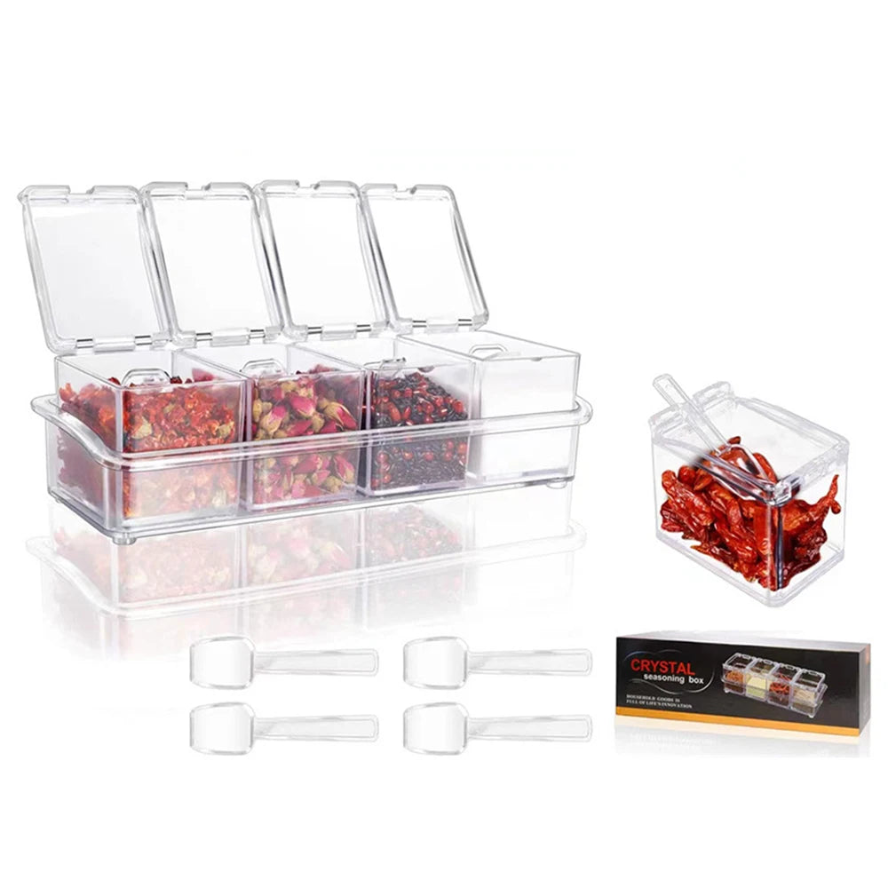 4 Pieces Kitchen Clear Seasoning Box Storage Container Condiment Jars Acrylic Seasoning Box with Cover and Spoon Peaceful Pleasures Health and Wellness