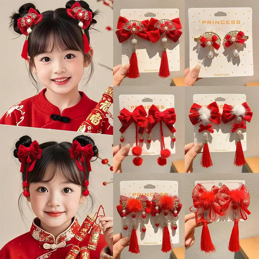 Festival Charming Hair Clips New Year Children Girls Chinese Style Red Ribbon Bow Hair Pin Festival Jewelry Hair Accessories Peaceful Pleasures Health and Wellness