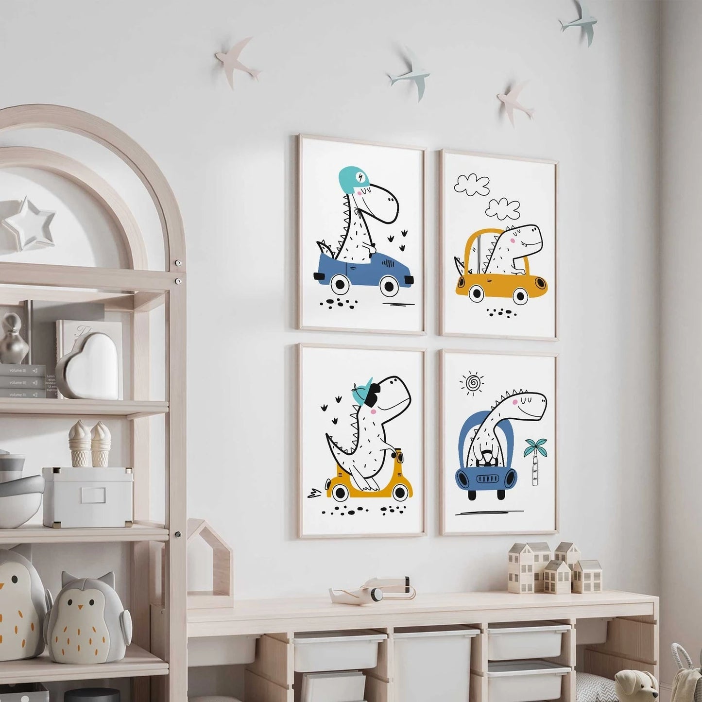 4-Piece Cartoon Dinosaur Canvas Wall Art | Kids Room Decor
