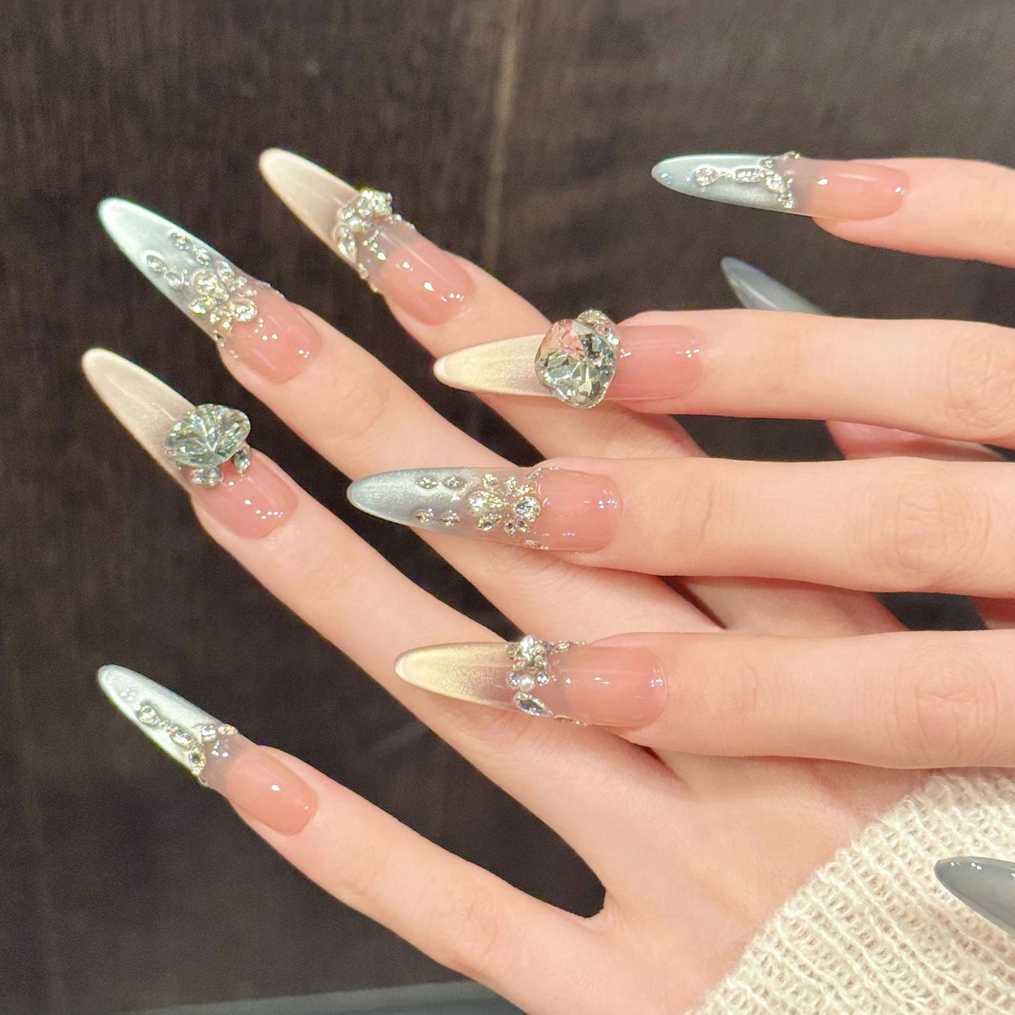 Icy Aurora Press On Nails – Almond Rhinestone Tips 10pcs